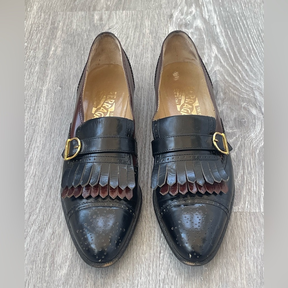 Salvatore Ferragamo Black and Tan Brogue Buckle Oxford Shoes Size 8
